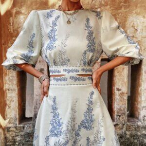 NWOT Cream Cutout Dress with Blue Floral Print, Size M, Back Tie Lantern Sleeve